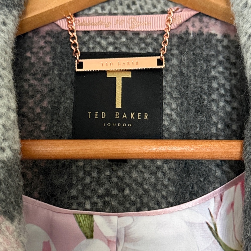 Ted Baker Fredde Short Check Wool Wrap Coat, Light Grey - Picture 4 of 4